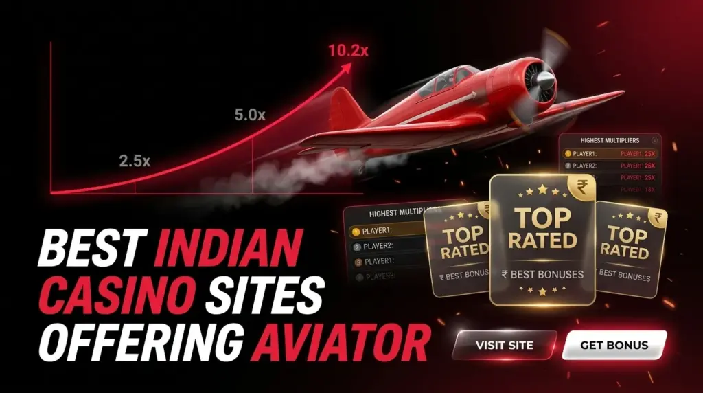 Red airplane with multiplier graph and leaderboards, large text 'BEST INDIAN CASINO SITES OFFERING AVIATOR' with 'VISIT SITE' and 'GET BONUS' buttons