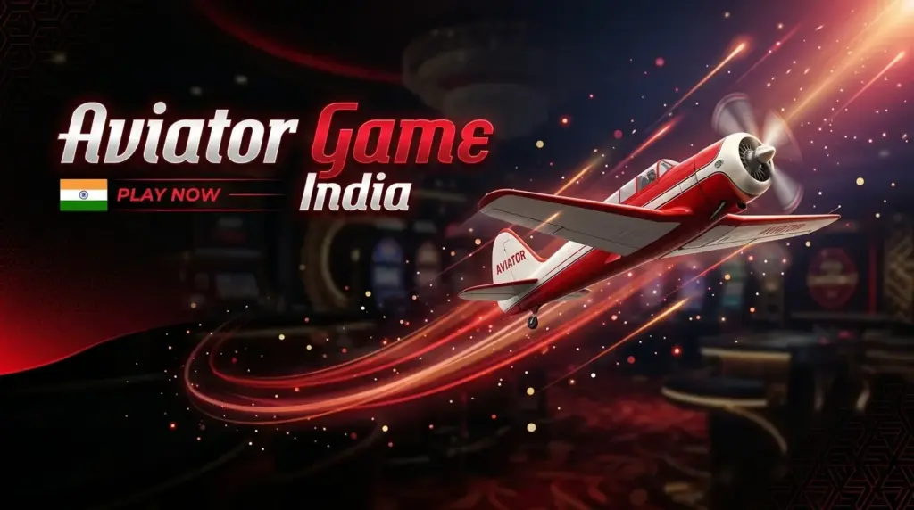 Red and white airplane flying with glowing light trails in a casino, Indian flag and text 'Aviator Game India' with 'PLAY NOW' button
